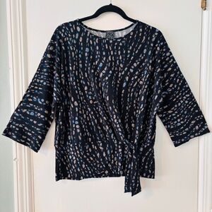 Clara Sun Woo M designer front side tie band waist black & multi print 3/4 sleev